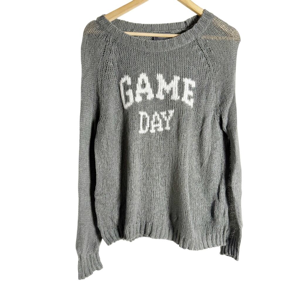 Wooden Ships Game Day Knit Sporty Gray Raglan Crewneck Wool Sweater S - Picture 2 of 6